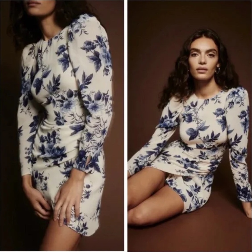 Reformation Juni Blue & White Mini  Dress in Faye with Puff Sleeves